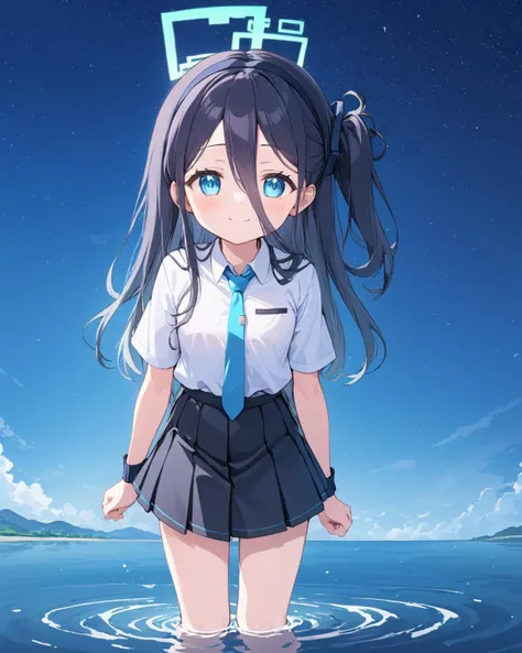 arisu (blue archive),1girl, solo, star_(sky), starry_sky, halo, looking_at_viewer, night_sky, smile, white_shirt, wading, water, black_skirt, collared_shirt, black_hairband, pleated_skirt, closed_mouth, one_side_up, blue_necktie, outdoors, white_pupils, bl...