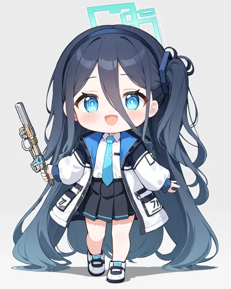 arisu (blue archive),1girl, solo, halo, blue_necktie, white_background, chibi, white_shirt, puffy_long_sleeves, black_skirt, pleated_skirt, full_body, open_jacket, collared_shirt, one_side_up, black_hairband, simple_background, :d, looking_at_viewer, white...