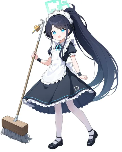 arisu (blue archive),1girl, solo, halo, maid_headdress, white_background, maid_apron, open_mouth, looking_at_viewer, broom, simple_background, holding, enmaided, short_sleeves, frills, black_dress, shoes, full_body, black_footwear, puffy_sleeves, pantyhose...