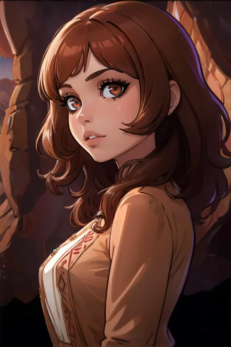 <lora:ilyakuvshinov:0.8>, 1girl, burgundy boho waves, brown eyes, wearing light brown chiffon blouse, crystal canyon || <lora:ilyakuvshinov:0.2>, woman, masterpiece, 8k, high resolution, shallow depth of field, sharp focus