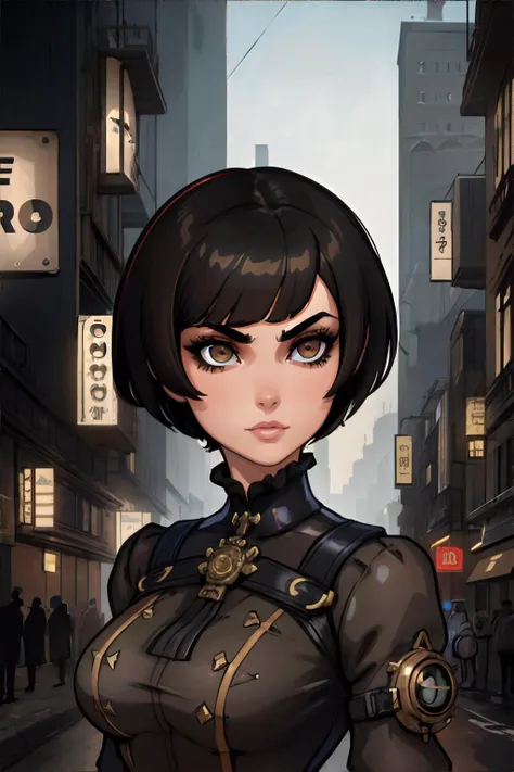 <lora:ilyakuvshinov:0.8>, 1girl, light black (soft black) choppy haircut, light brown eyes, wearing beige embroidered top, steampunk city || <lora:ilyakuvshinov:0.2>, woman, masterpiece, 8k, high resolution, shallow depth of field, sharp focus