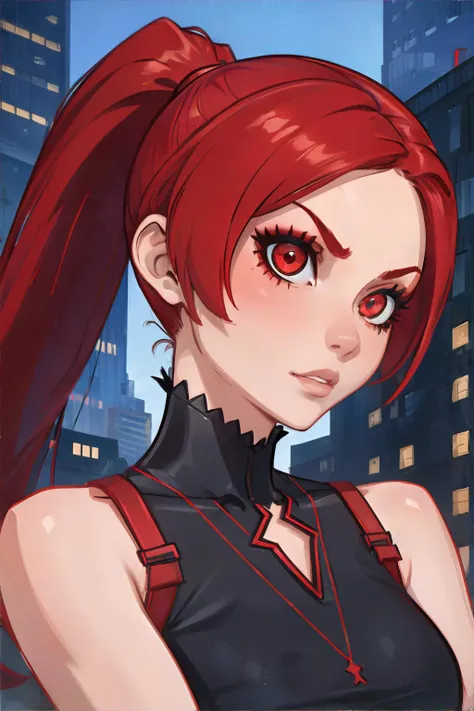 <lora:ilyakuvshinov:0.8>, 1girl, red high ponytail, ruby red eyes, wearing lemon henley top, skyscrapers || <lora:ilyakuvshinov:0.2>, woman, masterpiece, 8k, high resolution, shallow depth of field, sharp focus