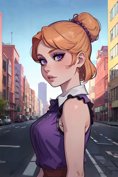 <lora:ilyakuvshinov:0.8>, 1girl, strawberry blonde chignon, violet eyes, wearing emerald sleeveless blouse, urban landscape || <lora:ilyakuvshinov:0.2>, woman, masterpiece, 8k, high resolution, shallow depth of field, sharp focus