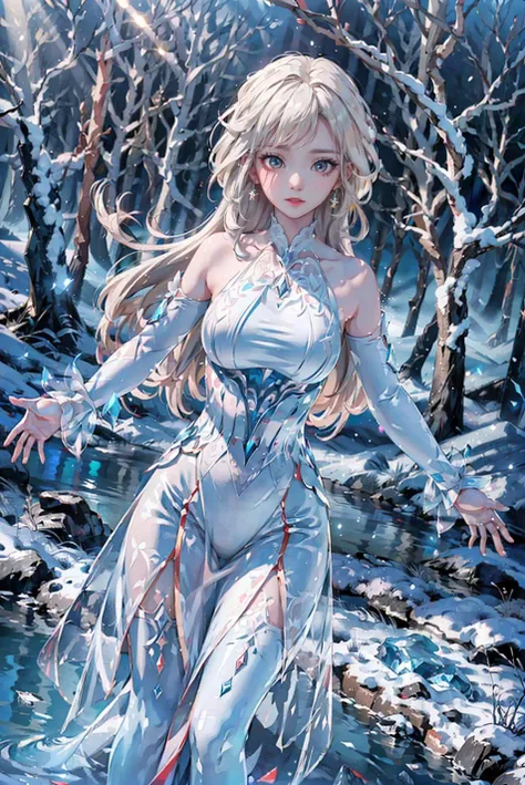 anime girl in a white dress walking through a snowy forest