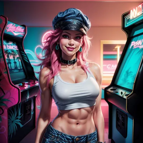 (best quality:1.4, high quality), <lora:miami_vice_arcade_retreat:0.8> miami_vice_arcade_retreat, indoors,
<lora:poison-nv-v1:0.7> poison (sf), poison (sf), denim shorts, white crop top, toned body, peaked cap, collar, smirk, sexy pose,
<lora:more_details:...