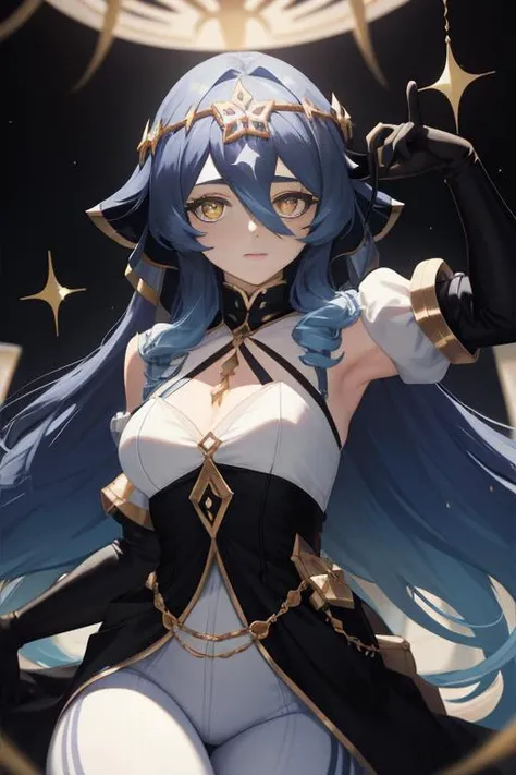 ultra detailed 8k cg, ultra realistic, masterpiece, professional photography, looking at viewer, <lora:LaylaGIv2:1> laylagi, long_hair, blue_hair, solo, yellow_eyes, hair_between_eyes, looking_at_viewer, gloves, breasts, dress, sparkle, very_long_hair, hol...