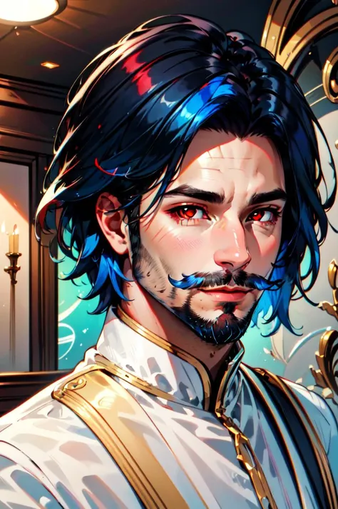 Regality Style, 1boy, artist name, beard, black hair, blue hair, closed mouth, facial hair, indoors, looking at viewer, male focus, medium hair, mustache, portrait, red eyes, shiny, shiny hair, short hair, solo<lora:Regal:0.75>