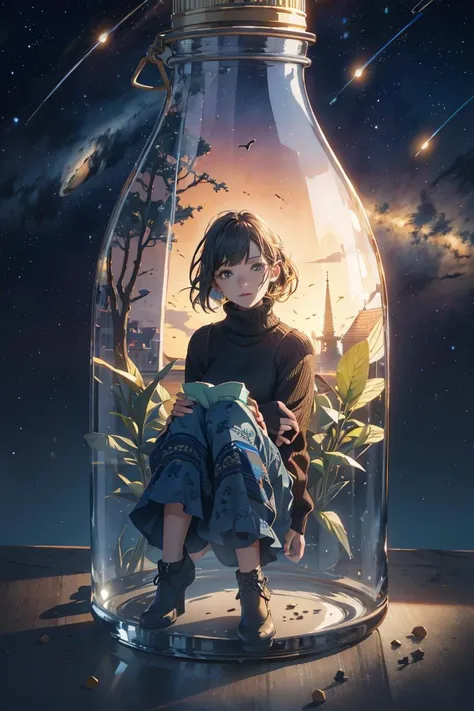 a girl sitting in a glass jar with a book in it