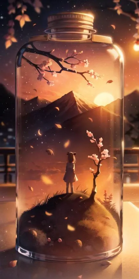 a glass jar with a girl standing on top of a hill under a tree