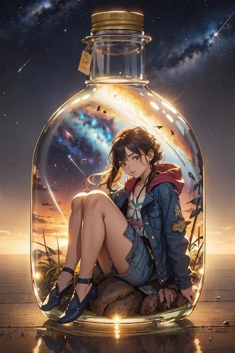 a woman sitting on a rock in a bottle with a sky background