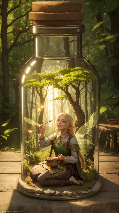 a woman sitting in a jar with a fairy inside of it