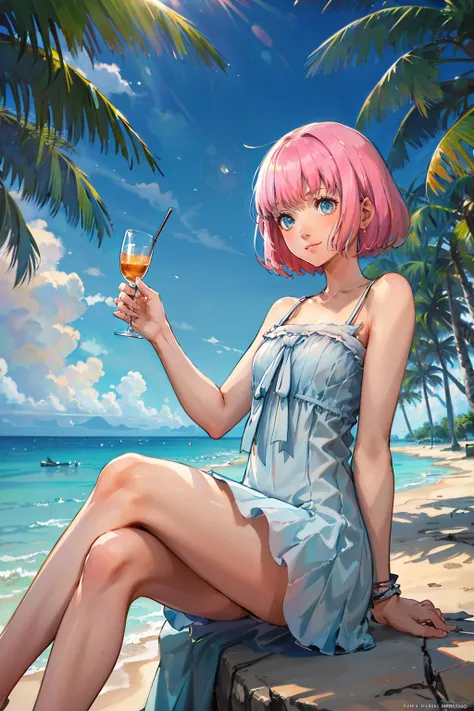 (solo, 1girl), (absurdres, highres, official wallpaper, poster), (masterpiece, best quality:1.2)
 <lora:CRin:0.8>
CRin, short hair, on a tropical island, sundress, palm trees, sitting cross-legged