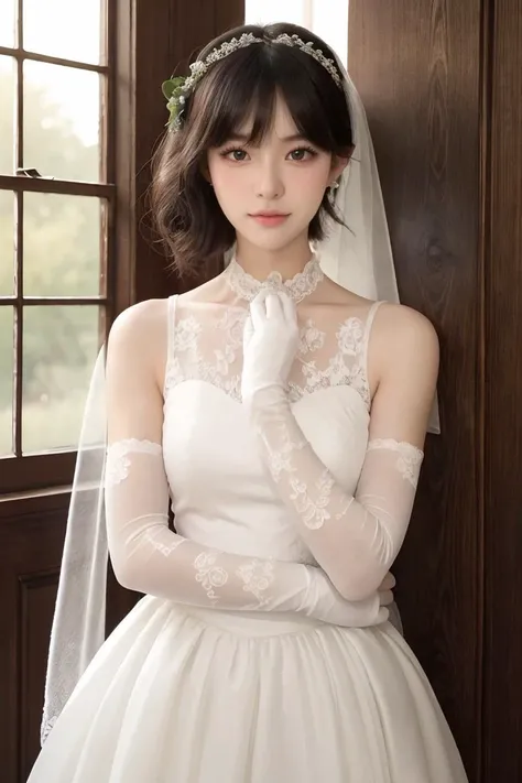 masterpiece, high quality,(photorealistic:1.3),perfect eyes,ultra realistic, real human skin,1girl,   looking at viewer, upper body, , lace trim, pantyhose,  wedding dress, bridal veil, elbow gloves,  <lora:slr_v1-000006:0.6>