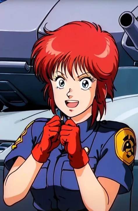 DeunanKnute, 1girl, (red hair:1.0), police uniform, pink gloves, upper body, (battle tank in background:1.0), open mouth happy grin, star emblem patch(profiles:0.2), <lora:DeunanKnute001:0.7>,  <lora:80sv1:0.5>