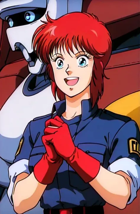 DeunanKnute, 1girl, (red hair:1.0), police uniform, pink gloves, upper body, getting in to a mech, landmate, open mouth happy grin, (profiles:0.2), <lora:DeunanKnute001:0.7>,  <lora:80sv1:0.5>