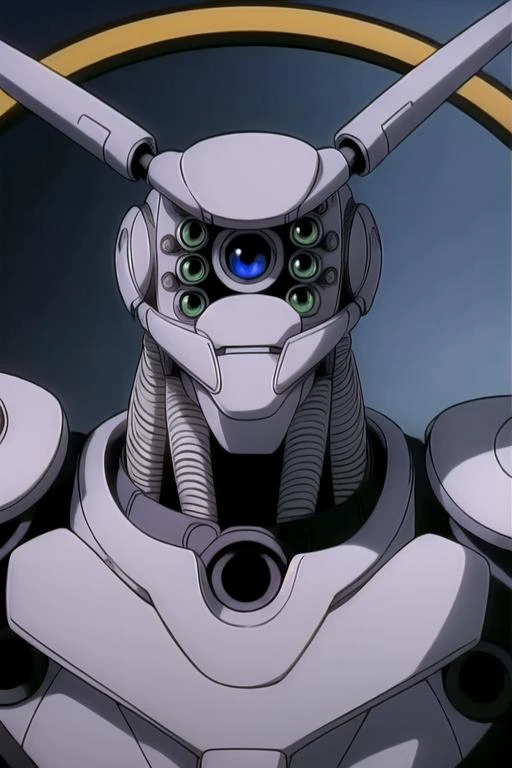 a close up of a robot with green eyes and a large head