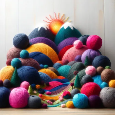 a close up of a pile of yarn with a sun in the background