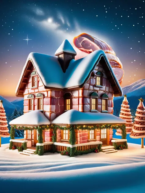 a large house with a christmas tree and a sleigh on top of it