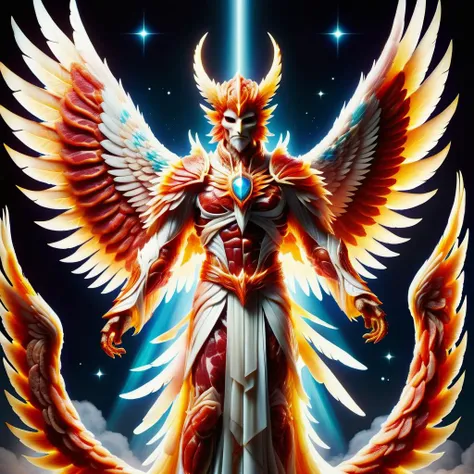 hyper detailed masterpiece, dynamic, awesome quality, ifrit, humanoid celestial being, radiant luminous appearance, feathered wings, noble serene expression, long flowing robes, white bright colors, halo, radiant aura above the head, dry,surgical suites,oc...