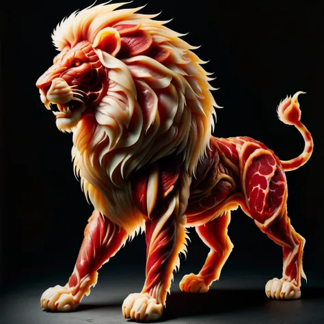 hyper detailed masterpiece, dynamic, awesome quality, manticore, mythical creature, lion body, venomous stinger tail ending, human face, sharp teeth,  mane around head and neck, powerful muscular physique, horns, distinctive fierce expression, formidable l...