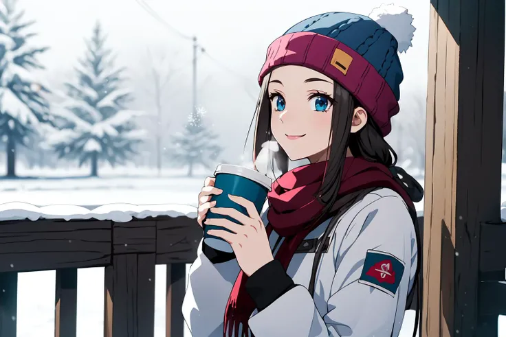 (RAW photo, best quality), 1girl,  natural lighting, outdoor, 
 <lora:srw_og_rio_mei_long_v1_2-000003:1>, srw_rio_mei_long, smile,
winter, beanie cap, drinking coffee, scarf, snowflake, aroma,