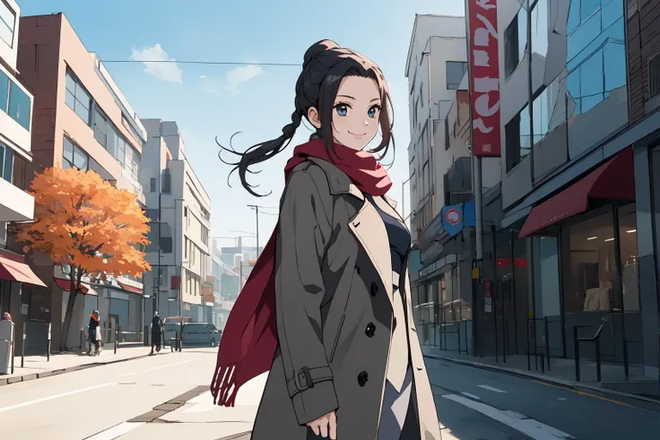 (RAW photo, best quality), 1girl,  natural lighting, outdoor, 
 <lora:srw_og_rio_mei_long_v1_2-000003:1>, srw_rio_mei_long, smile,
autumn, city street, windy, scarf, trench coat,