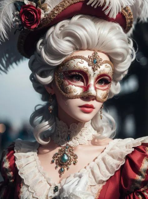 a close up of a woman wearing a mask and a red dress