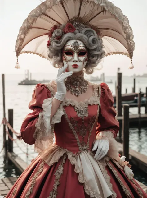 a close up of a woman in a red dress and mask