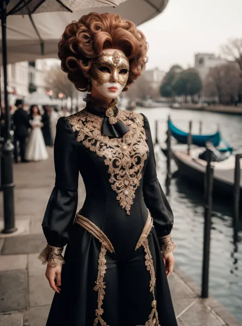 a close up of a woman in a black dress and a mask