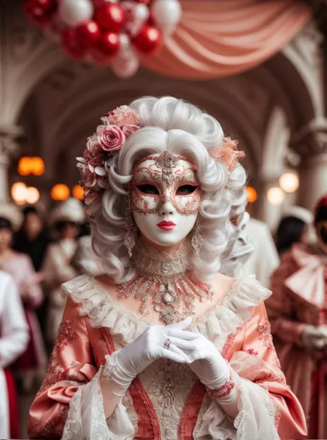 a close up of a woman in a fancy dress and mask