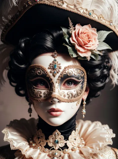 a close up of a woman wearing a mask and a dress