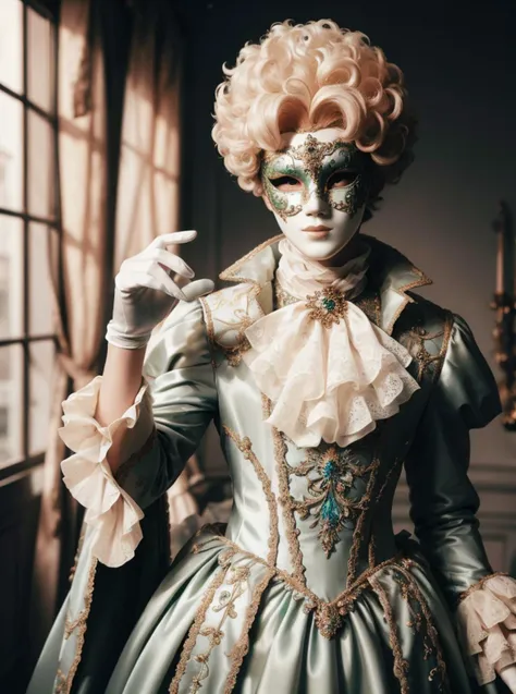 a close up of a woman in a fancy dress with a mask on