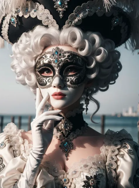 a close up of a woman wearing a mask and a dress