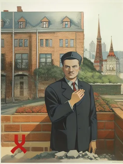 <lora:Ussr_poster:0.8> soviet_poster_style, building, a man, builder, bricks, city on background