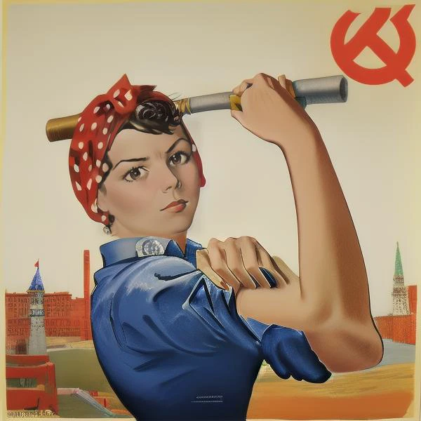 <lora:Ussr_poster:1>, soviet_poster_style, hammer_and_sickle, girl, building