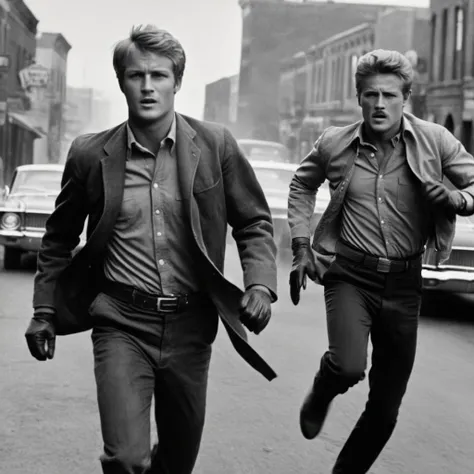 analog film photo of  <lora:1960s style:1>
In the 1960s butch cassidy and the sundance kid  running down a street,short hair,shirt,gloves,long sleeves,holding,jacket,monochrome,greyscale,male focus,multiple boys,open clothes,collared shirt,belt,pants,2boys...