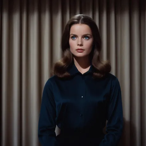 cinematic film still of  <lora:1960s style:1>
In the 1960s a woman in a black shirt standing in front of a curtain,1girl,solo,long hair,blue eyes,brown hair,closed mouth,upper body,lips,curtains,realistic ,realistic,realism, detailed, perfection,perfect,fi...