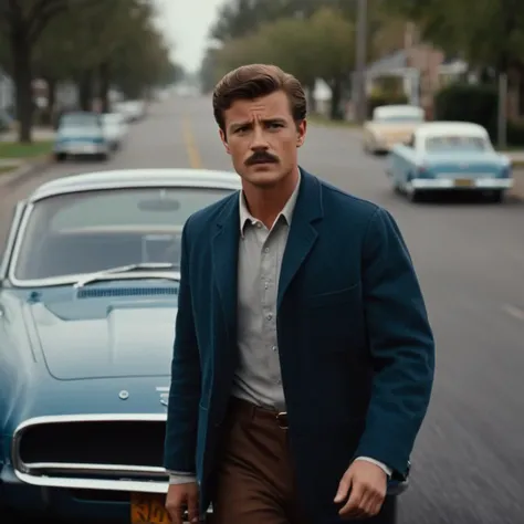 cinematic film still of  <lora:1960s style:1>
In the 1960s a man walking across a street next to a car,solo,brown hair,1boy,jacket,male focus,facial hair,ground vehicle,motor vehicle,realistic,mustache,car,vehicle focus,sports car ,realistic,realism, detai...