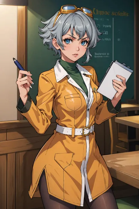 masterpiece, best quality,   <lora:GraceV2:0.9> Grace Lynn, grey hair, short hair, blue eyes, medium breasts, goggles, goggles on head, yellow coat, green sweater, white pantyhose, cowboy shot, restaurant, holding clipboard, pen, looking at viewer, serious