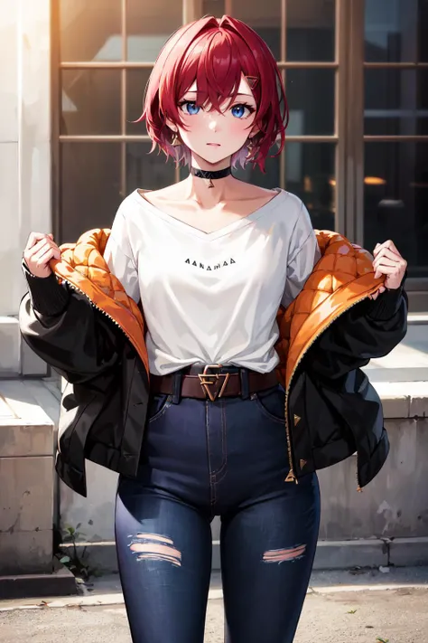 masterpiece, best quality, highres, ffange, short hair, hairclip, earrings, black choker, collarbone, white shirt, black jacket, open clothes, off shoulder, belt, torn pants, jeans, <lora:ange_katrina_v1:0.7>, outdoors, standing, cowboy shot