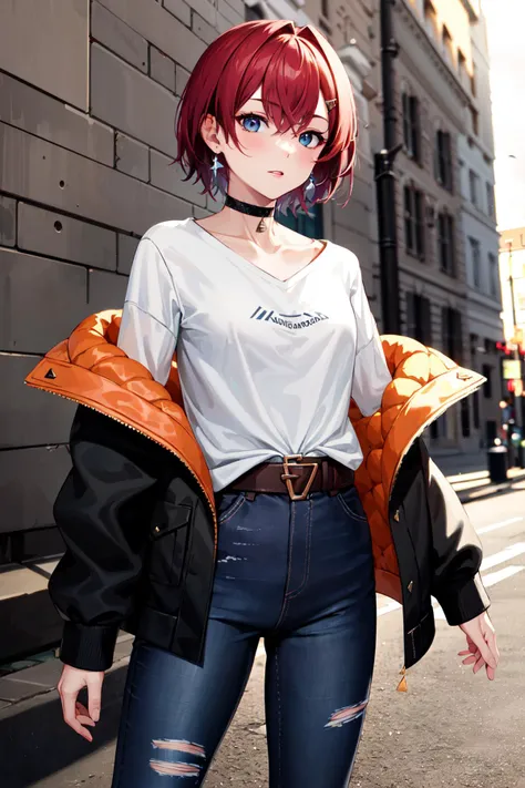 masterpiece, best quality, highres, ffange, short hair, hairclip, earrings, black choker, collarbone, white shirt, black jacket, open clothes, off shoulder, belt, torn pants, jeans, <lora:ange_katrina_v1:0.7>, outdoors, standing, cowboy shot