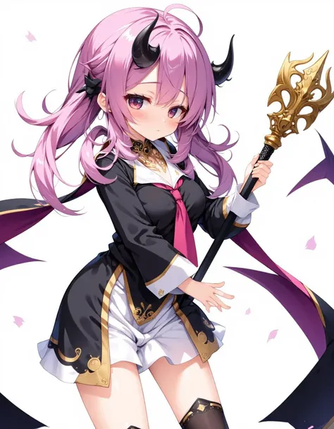 1girl,blush,witch,demon horns,staff, dynamic angle,simple background,