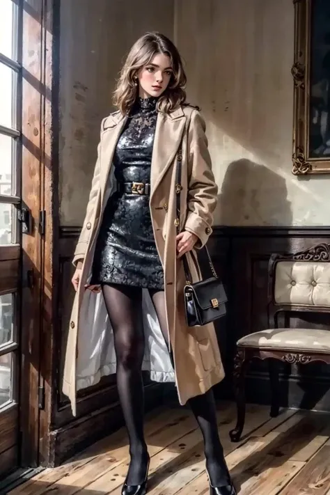 best quality,masterpiece,highres,original,extremely detailed wallpaper,perfect lighting,extremely detailed CG,<lora:add_detail:0.3>,perfect_photography.txt,
<lora:danish:0.7>,old money,dress,pantyhose,bag,coat,legs,handbag,