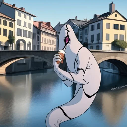 ghostfreak , full body, outdoors, river background, european houses, italiann houses, river bridge, eating icecream <lora:ghostfreak-06:1>, masterpiece, best quality