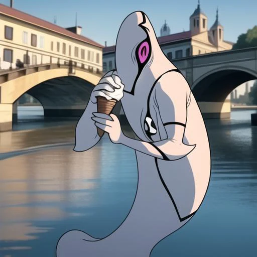 ghostfreak , full body, outdoors, river background, european houses, italiann houses, river bridge, eating icecream <lora:ghostfreak-06:1>, masterpiece, best quality