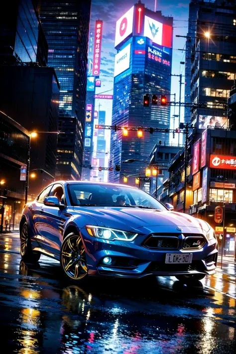 a close up of a car parked on a city street at night