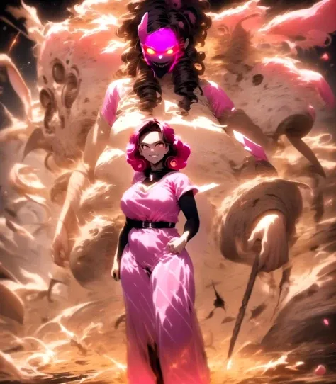 a woman in a pink dress standing in front of a giant demon