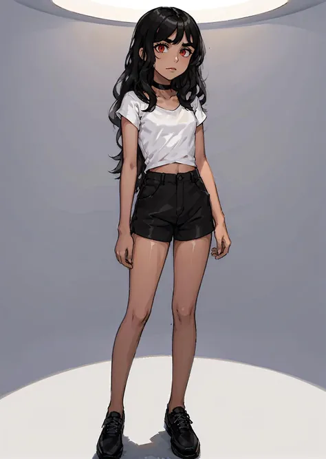 a cartoon girl in a white shirt and black shorts standing in front of a circular light