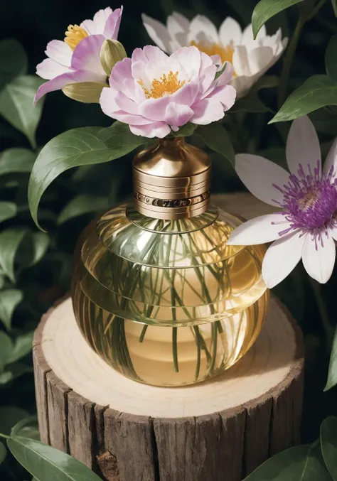 A luxurious perfume bottle, accounting for one-third of the size of the picture, inspired by flowers, bionics, illustration, the background is forest, flowers, bright colors, silky smooth background, 4k, caustic, full frame, <lora:detailmaker:-3>