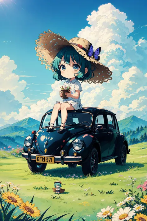 The little chibi girl sat on an antique Beetle car, with a straw hat, lawn, blue sky, white clouds, distant mountains, countryside, flowers<lora:detailmaker:3>